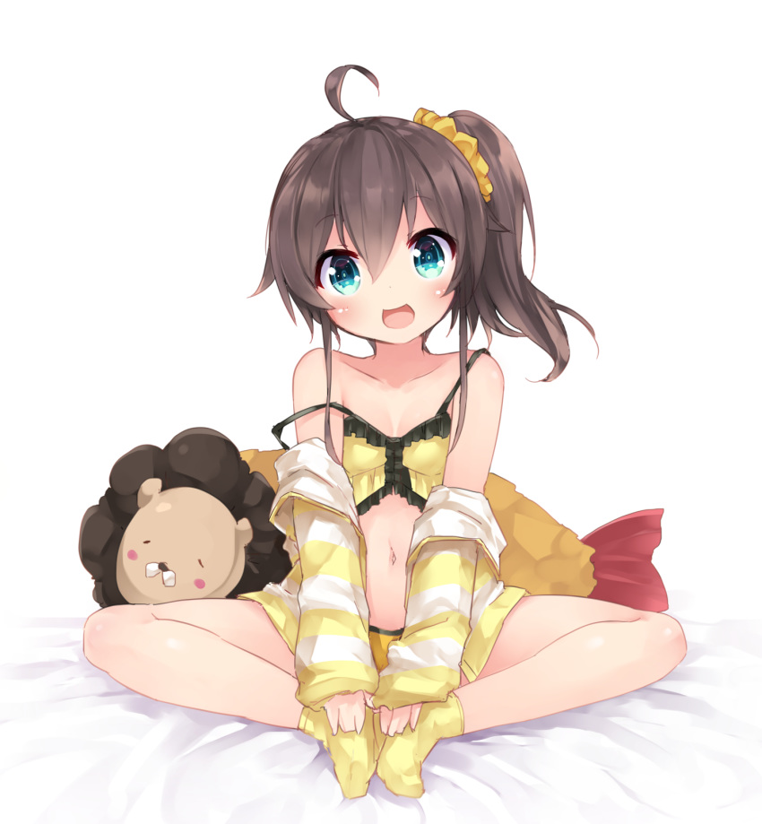 1girl ahoge breasts brown_hair camisole cardigan crop_top highres hololive knees_apart_feet_together legs long_hair midriff natsuiro_matsuri navel off_shoulder open_mouth scrunchie short_shorts shorts side_ponytail simple_background sitting small_breasts smile socks solo strap_slip striped_cardigan stuffed_animal stuffed_toy tamase_tama thighs virtual_youtuber white_background yellow_camisole yellow_footwear yellow_shorts