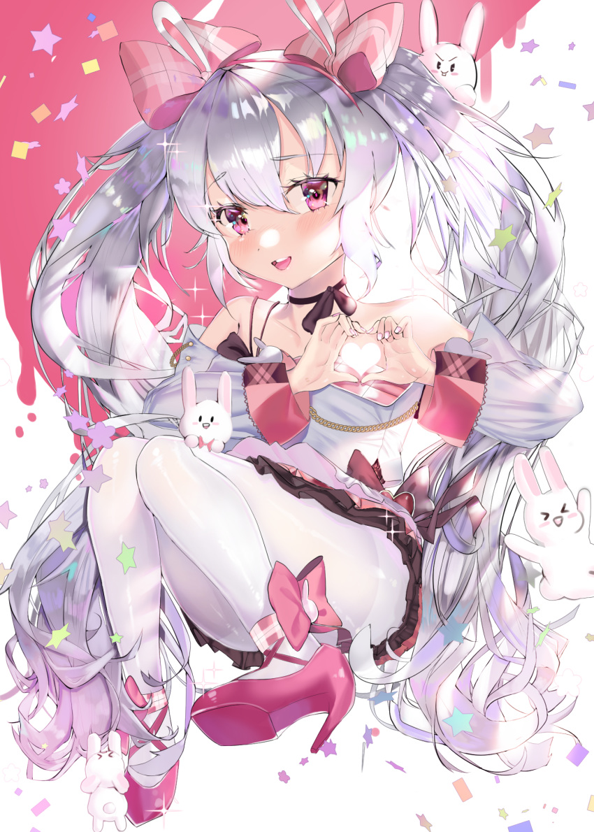 1girl animal_ears ankle_ribbon azur_lane bangs bare_shoulders black_ribbon choker commentary_request eyebrows_visible_through_hair fake_animal_ears flat_chest full_body hair_between_eyes hair_ribbon heart heart_hands high_heels highres laffey_(azur_lane) laffey_(halfhearted_bunny_idol)_(azur_lane) lavender_hair long_hair mangolingo_(mangoooo_74) open_mouth pantyhose pink_eyes pink_footwear pink_ribbon rabbit_ears ribbon ribbon_choker sidelocks smile solo stuffed_animal stuffed_bunny stuffed_toy twintails upper_teeth very_long_hair white_legwear