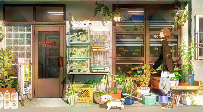 1girl birdcage bottle brown_hair cage dog_walking door fish fish_tank highres holding_leash leash long_sleeves original outdoors pants plant potted_plant profile shadow shoes short_hair sleeves_past_wrists solo tao_(tao15102) walking wide_shot