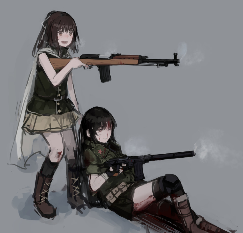 beige_skirt belt_pouch black_hair black_skirt blood blood_on_face boots brown_eyes brown_hair cape dragging girls_frontline gloves green_shirt green_vest grey_background gun headset_removed highres holding holding_weapon injury knee_pads long_hair medium_hair one_eye_closed open_mouth pouch rampart1028 shirt simple_background skirt smoke smoking_gun star_(symbol) sweat type_63_assault_rifle type_63_assault_rifle_(girls_frontline) type_64_(girls_frontline) type_64_smg vest weapon white_cape