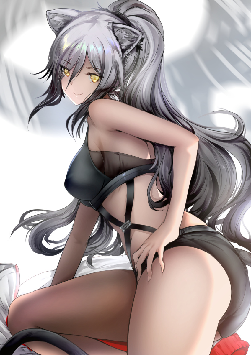 1girl animal_ears arknights ass bangs bare_arms bare_shoulders black_shorts breasts cat_ears commentary crop_top eyebrows_visible_through_hair hair_over_one_eye hand_on_hip highres long_hair looking_at_viewer medium_breasts micro_shorts midriff rihyaruto_bafuman schwarz_(arknights) shorts silver_hair sitting sleeveless smile solo thighs very_long_hair yellow_eyes