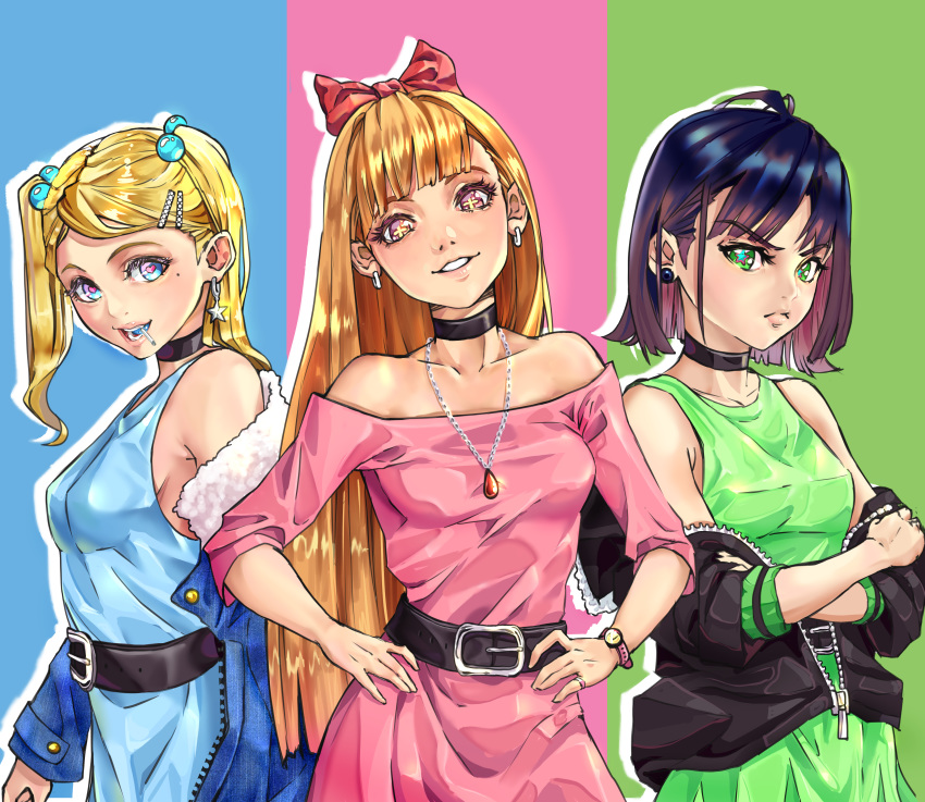 +_+ 3girls absurdres bangs belt black_hair black_jacket blonde_hair blossom_(ppg) blue_jacket blunt_bangs breasts bubbles_(ppg) buttercup_(ppg) choker diegodraws dress earrings hair_ornament hairclip heart heart-shaped_pupils highres huge_filesize jacket jewelry long_hair medium_breasts medium_hair multiple_girls necklace off-shoulder_dress off_shoulder open_mouth orange_hair parted_lips powerpuff_girls smile star-shaped_pupils star_(symbol) star_earrings symbol-shaped_pupils twintails watch watch