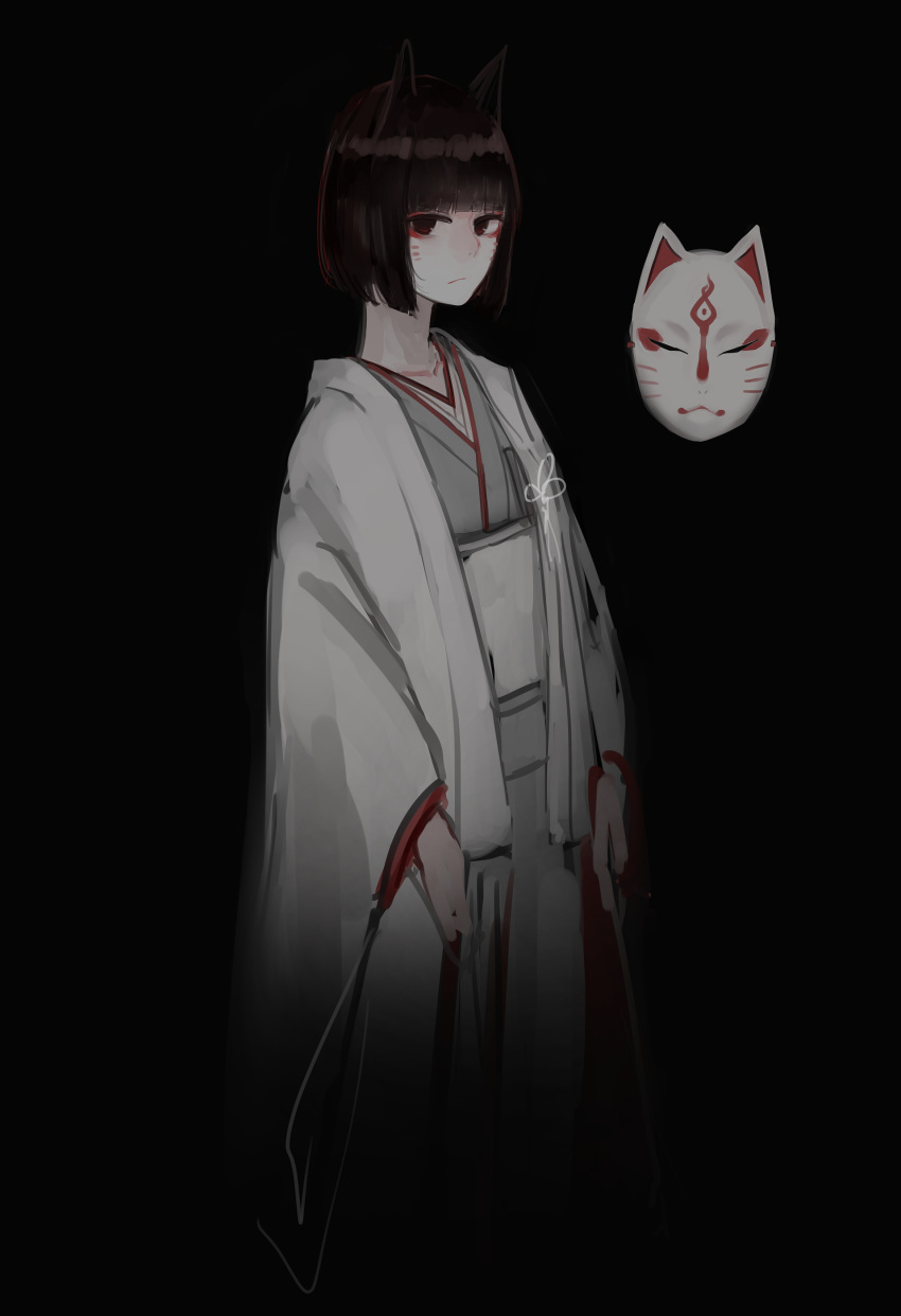 1girl absurdres animal_ears black_background black_eyes black_hair bob_cut check_copyright copyright_request eyeliner feet_out_of_frame fox_ears grey_kimono highres japanese_clothes kimono kitsune looking_at_viewer makeup mask original rampart1028 short_hair solo