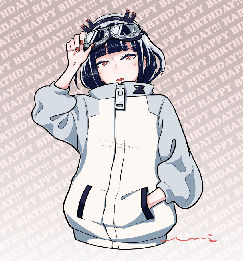 1girl absurdres arm_up background_text bai_bo bangs black_hairband blush commentary_request cropped_torso eyebrows_visible_through_hair goggles goggles_on_head gradient gradient_background grey_background hairband hand_in_pocket happy_birthday head_tilt high_collar highres jacket jitomi_monoe long_sleeves looking_at_viewer magnet nail_polish parted_lips puffy_long_sleeves puffy_sleeves red_eyes red_nails smile solo upper_body virtual_youtuber voms white_jacket zipper_pull_tab