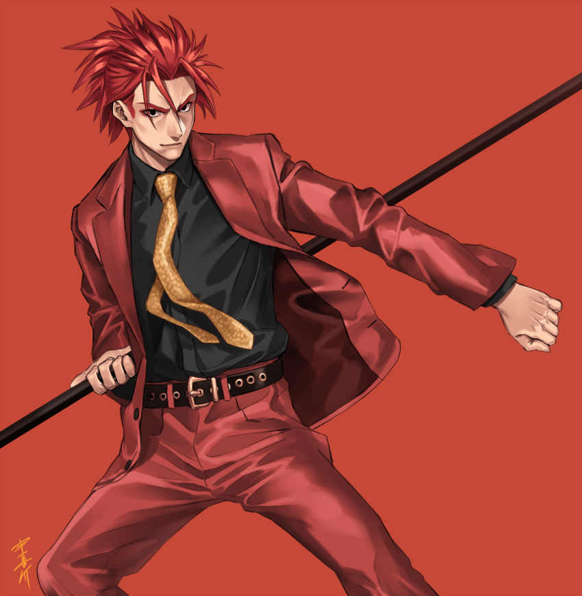 1boy alternate_costume bangs belt black_shirt fate/extra fate/grand_order fate_(series) fighting_stance highres holding li_shuwen_(fate) long_sleeves looking_to_the_side male_focus necktie pants polearm ponytail red_background red_pants redhead shiny shiny_hair shirt smile solo sora_yoshitake_yuda upper_body weapon yellow_neckwear