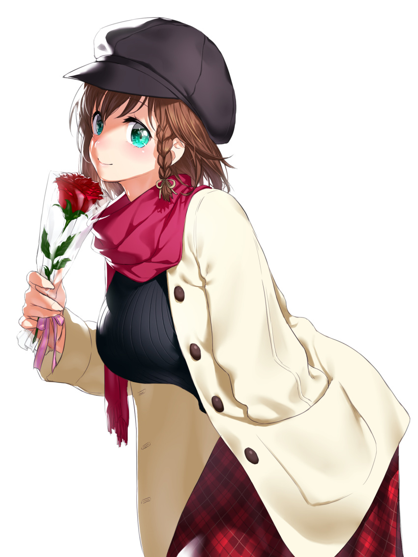 1girl absurdres braid breasts brown_hair charlotte_corday_(fate/grand_order) coat fate/grand_order fate_(series) flower green_eyes hand_in_pocket hat highres large_breasts onsoku_inu plaid plaid_skirt ribbed_sweater rose scarf skirt smile solo sweater white_background
