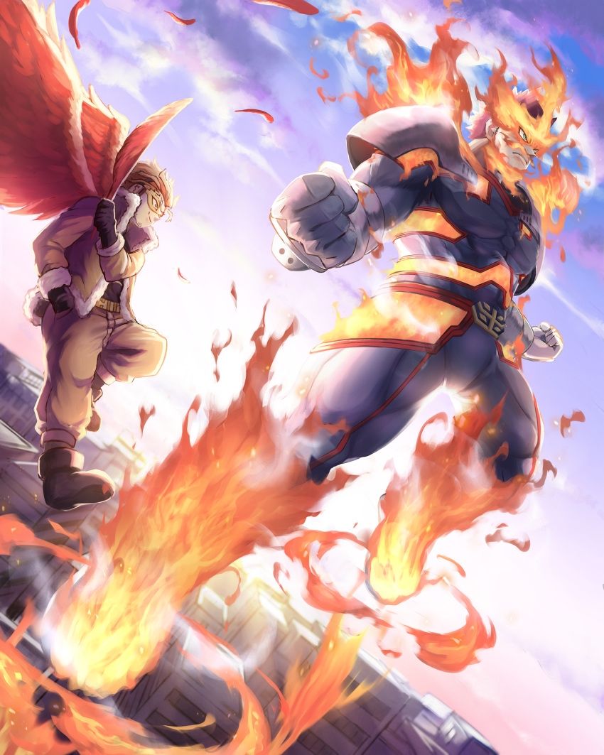 2boys bangs beard belt blonde_hair bodysuit boku_no_hero_academia clouds cloudy_sky facial_hair feathered_wings fighting_stance fire floating gloves green_eyes hawks_(boku_no_hero_academia) headphones highres jacket long_sleeves looking_to_the_side male_focus matsumotoshinnnosuke multiple_boys muscle mustache red_eyes red_feathers red_wings redhead shoes sky smile spiky_hair superhero todoroki_enji wings