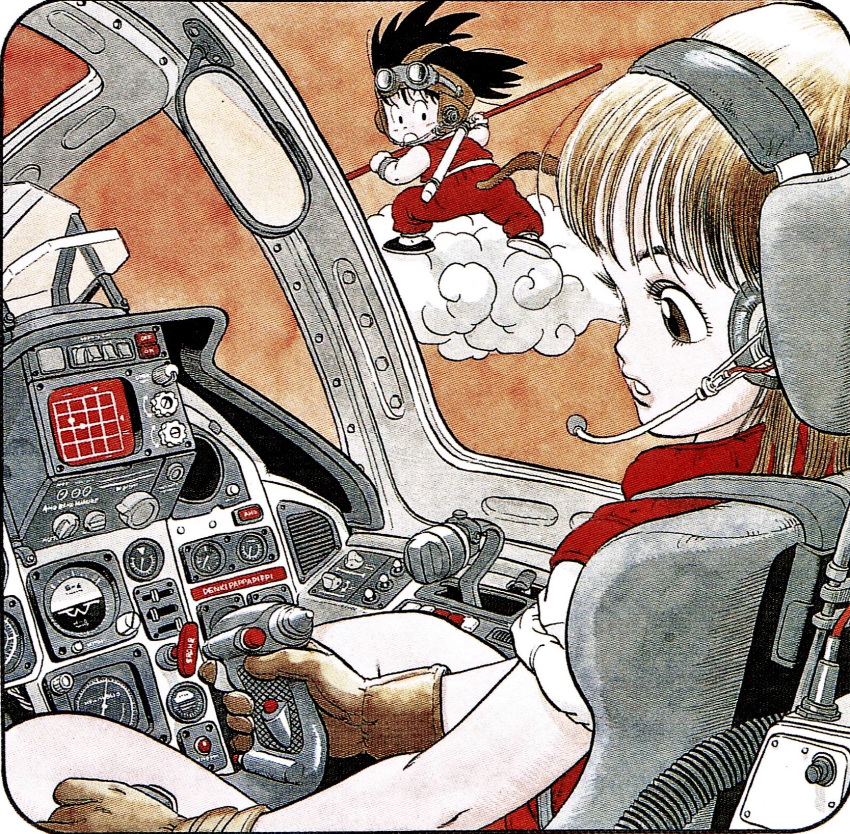 1boy 1girl aircraft airplane airplane_interior bangs black_footwear black_hair blunt_bangs brown_gloves bulma cockpit commentary dot_nose dougi dragon_ball dragon_ball_(classic) expressionless eyelashes flying flying_nimbus full_body gloves goggles goggles_on_head headset highres holding holding_weapon lips long_eyelashes looking_at_another looking_back looking_to_the_side messy_hair monkey_tail nyoibo official_art open_mouth parted_lips pilot pilot_chair profile rear-view_mirror sepia shirt sitting sleeves_rolled_up son_gokuu standing straight_hair tail toriyama_akira waistcoat weapon white_shirt