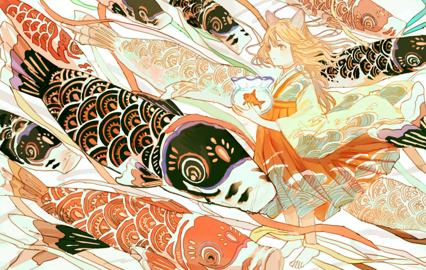 1girl absurdres animal animal_ears bangs barefoot brown_hair carp cat_ears cat_girl fish fishbowl goldfish highres holding kodomo_no_hi koinobori long_hair long_sleeves original oversized_animal profile qooo003 solo wave_print wide_sleeves wind