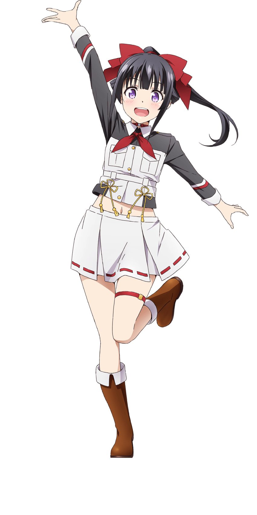 1girl :d arm_up black_hair boots bow breast_pocket brown_footwear full_body hair_bow highres leg_up long_hair looking_at_viewer muguruma_miyako neck_ribbon official_art open_mouth pocket ponytail red_bow ribbon skirt smile solo transparent_background violet_eyes warlords_of_sigrdrifa white_skirt