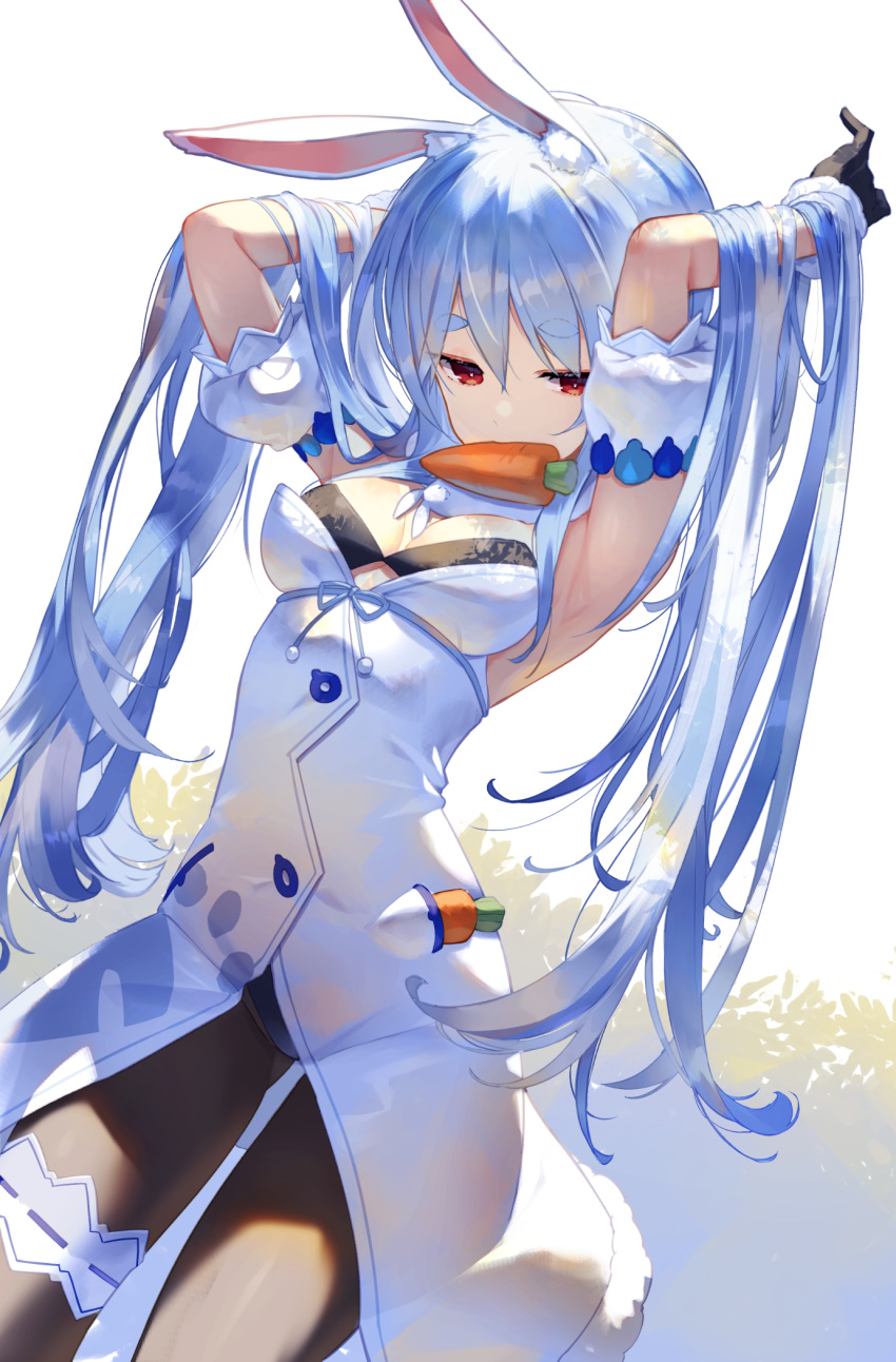 1girl adjusting_hair animal_ear_fluff animal_ears armpits arms_up black_gloves black_legwear blue_hair breasts carrot_hair_ornament dutch_angle food_themed_hair_ornament gloves hair_ornament hair_ornament_removed highres hololive leotard_under_clothes long_hair pantyhose rabbit_ears red_eyes small_breasts solo sukocchi thick_eyebrows thigh_strap usada_pekora very_long_hair virtual_youtuber
