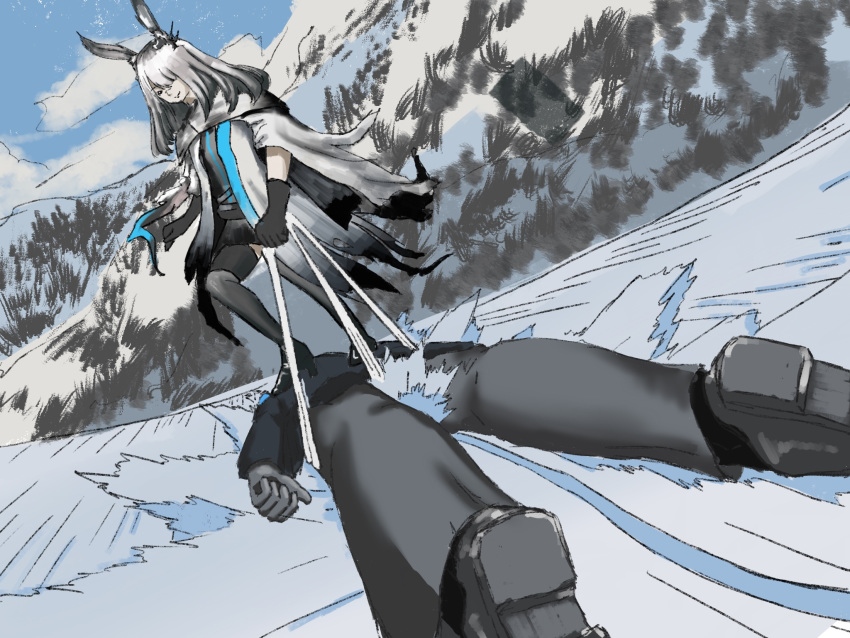 1boy 1girl animal_ears arknights blobfish2333 chinese_commentary commentary_request doctor_(arknights) face_down forest frostnova_(arknights) gintama gloves highres mountain nature parody rabbit_ears skiing snow snowboard wedgie