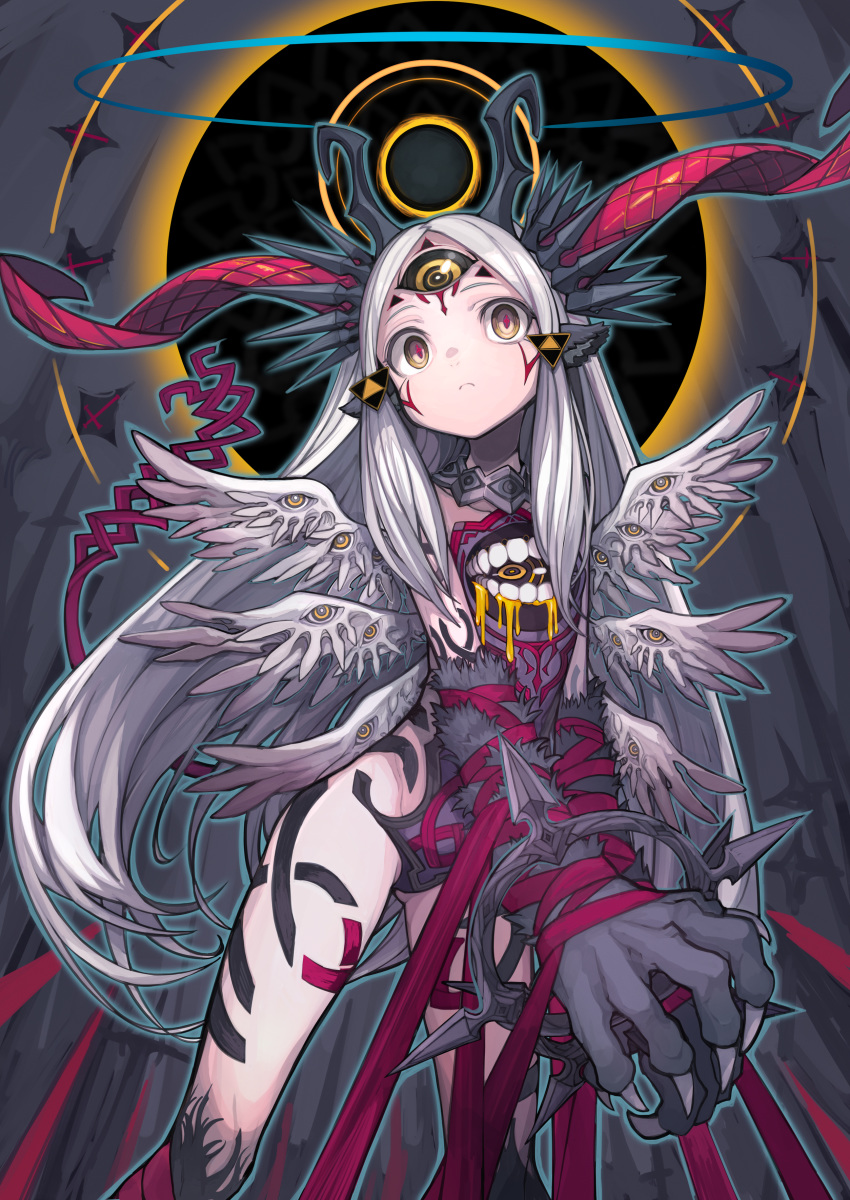 1girl absurdres animal_ears ass_visible_through_thighs claws closed_mouth expressionless fur grey_background head_tilt highres horns izayoi_cha long_hair looking_at_viewer mouth multiple_wings original red_ribbon ribbon silver_hair solo standing third_eye wings yellow_eyes