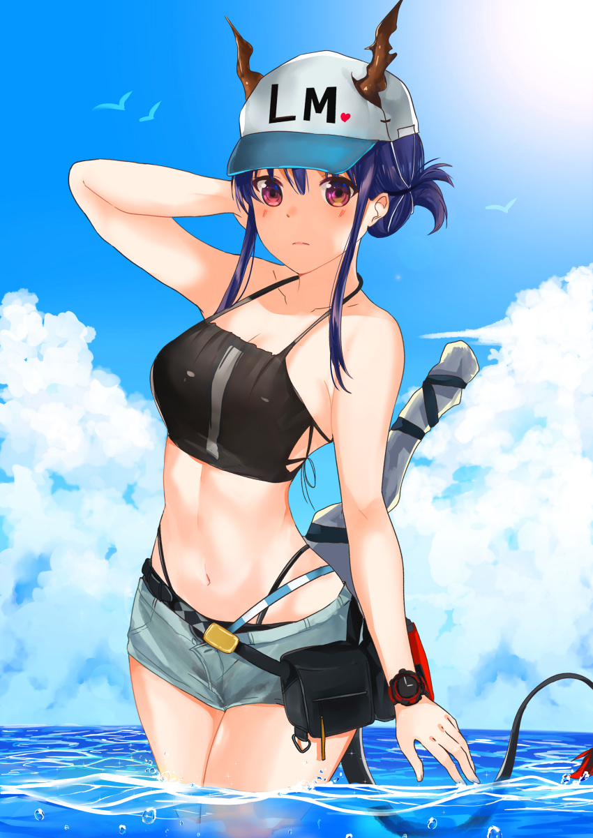 1girl absurdres arknights arm_up bangs bare_arms bare_shoulders baseball_cap bikini black_bikini blue_hair blue_sky breasts ch'en_(arknights) clouds commentary cowboy_shot day dragon_horns dragon_tail grey_shorts hair_between_eyes halterneck hat heart highleg highleg_bikini highres horns horns_through_headwear long_hair looking_at_viewer medium_breasts narulu navel outdoors pouch red_eyes short_shorts shorts sidelocks sky solo standing stomach sun swimsuit tail thighs tied_hair wading watch watch water