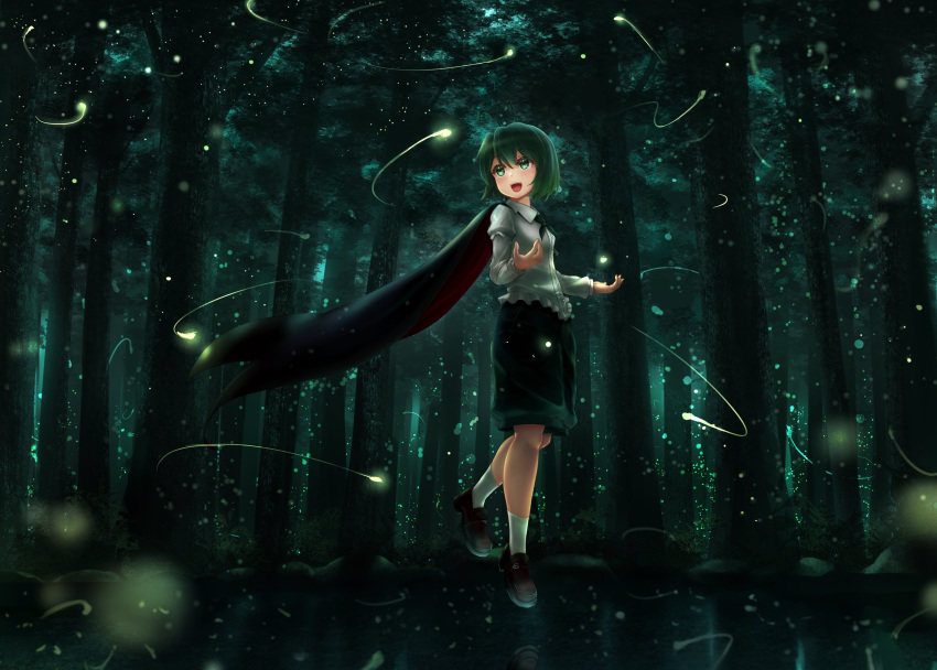 1girl absurdres antennae black_cape cape collared_shirt commentary_request eyebrows_visible_through_hair fireflies forest glowing green_hair hair_between_eyes highres juliet_sleeves loafers long_sleeves luke_(kyeftss) nature night open_mouth outdoors puffy_sleeves shirt shoes short_hair shorts smile socks solo touhou tree white_legwear white_shirt wriggle_nightbug