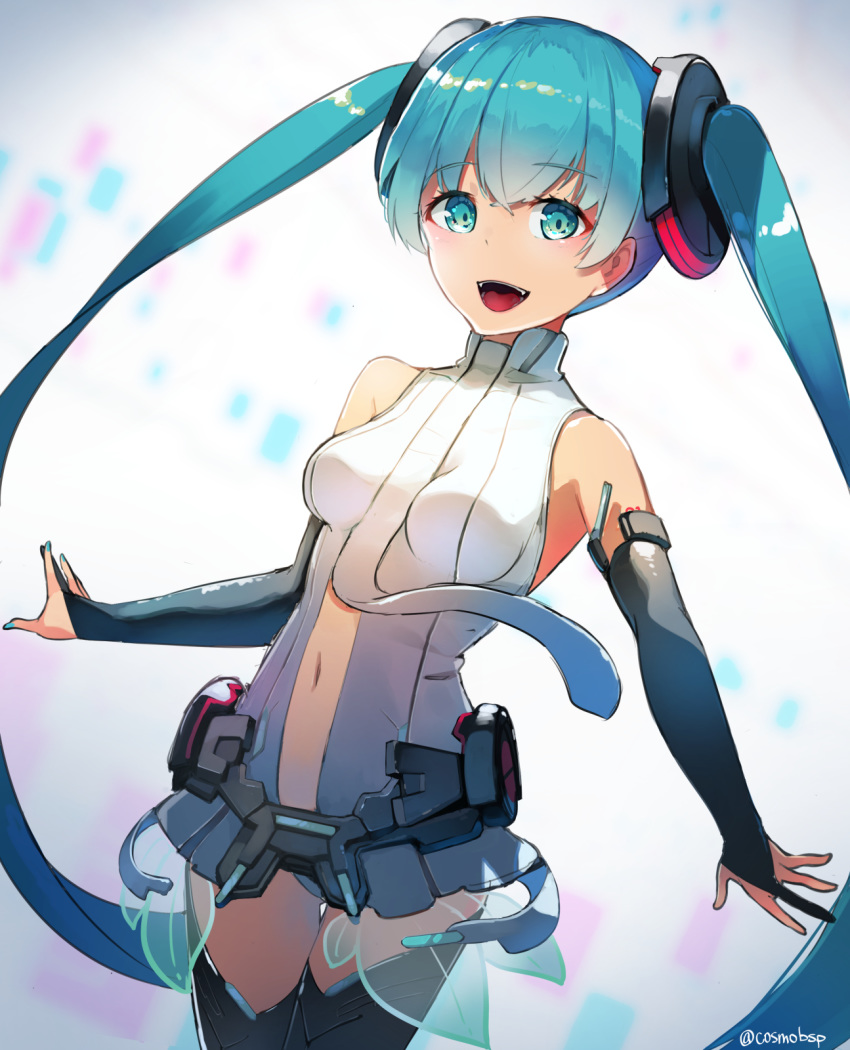 1girl aqua_eyes aqua_hair aqua_nails bare_shoulders belt black_gloves black_legwear bridal_gauntlets cosmo_(bousoup) cowboy_shot detached_sleeves elbow_gloves gloves hair_ornament hatsune_miku highres long_hair looking_at_viewer midriff_cutout miku_append nail_polish navel open_mouth shirt shoulder_tattoo sleeveless sleeveless_shirt smile solo tattoo thigh-highs twintails twitter_username utility_belt very_long_hair vignetting vocaloid vocaloid_append white_shirt