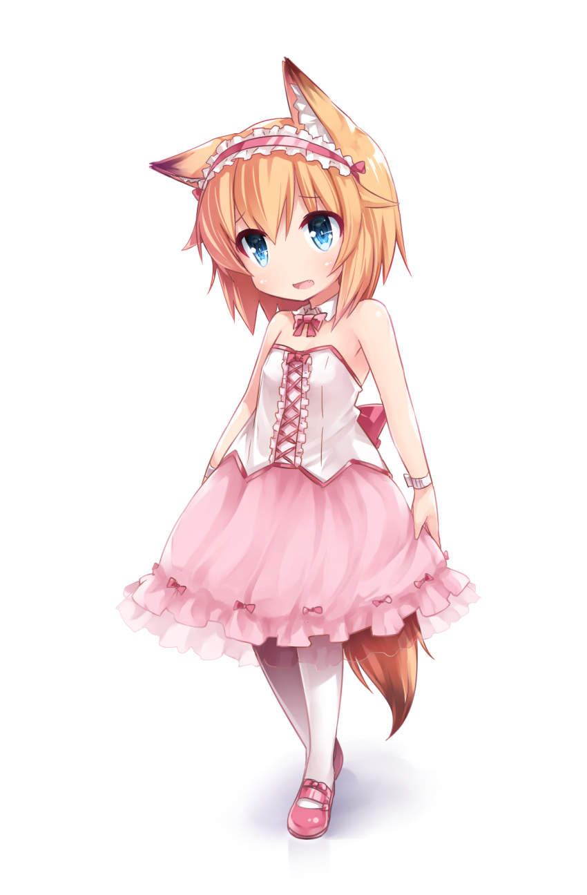 1girl animal_ear_fluff animal_ears bare_shoulders blue_eyes brown_hair character_request dress fang fox_ears fox_tail full_body highres mary_janes open_mouth original pantyhose pink_dress pink_footwear shoes short_hair simple_background solo strapless strapless_dress tail tamase_tama white_background white_legwear
