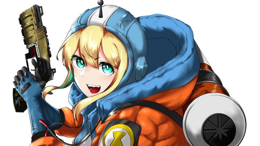 1girl :d aimusu amano_pikamee apex_legends bangs blonde_hair blue_gloves cosplay eyebrows_visible_through_hair gloves green_eyes green_hair gun hair_between_eyes handgun hands_up highres holding holding_gun holding_weapon hood hood_down hooded_jacket jacket long_sleeves looking_at_viewer looking_to_the_side multicolored_hair open_mouth orange_jacket pistol puffy_long_sleeves puffy_sleeves sharp_teeth sidelocks simple_background smile solo teeth two-handed two-tone_hair upper_body virtual_youtuber voms wattson_(apex_legends) wattson_(apex_legends)_(cosplay) weapon white_background