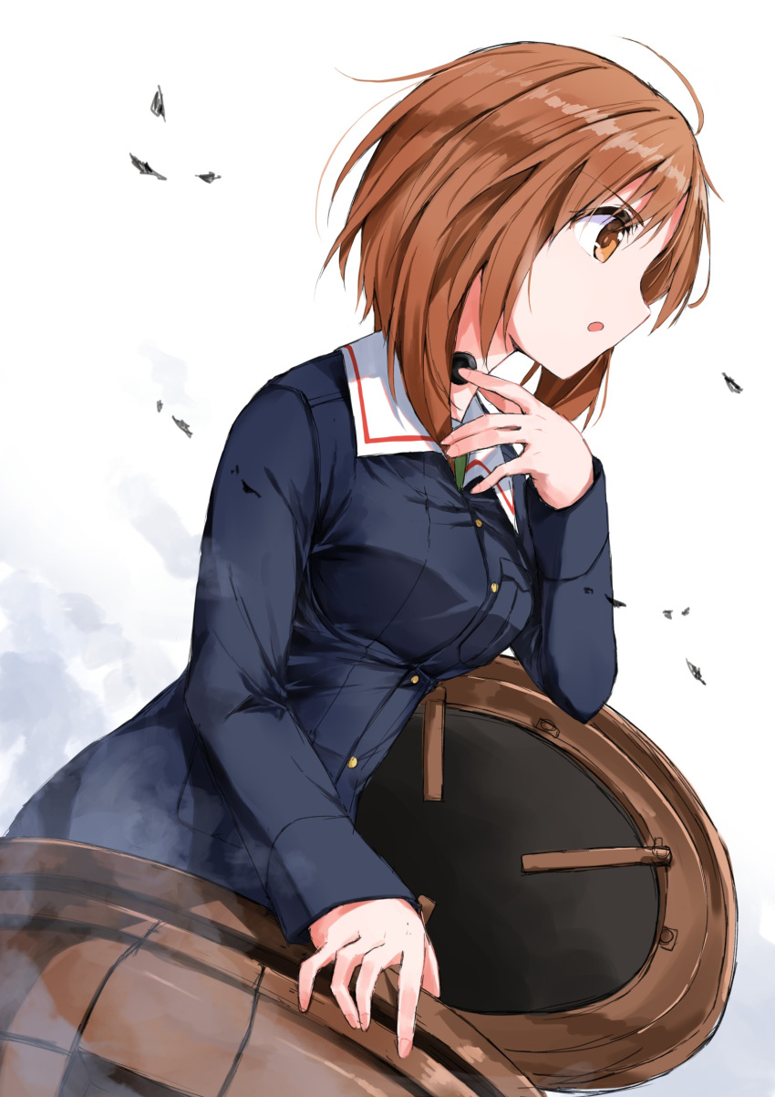 1girl absurdres bangs blue_jacket brown_eyes brown_hair commentary eyebrows_visible_through_hair girls_und_panzer hand_on_own_throat highres jacket long_sleeves looking_to_the_side marie_(pixiv31942978) military military_uniform nishizumi_miho ooarai_military_uniform open_mouth short_hair smoke solo tank_cupola throat_microphone uniform wind