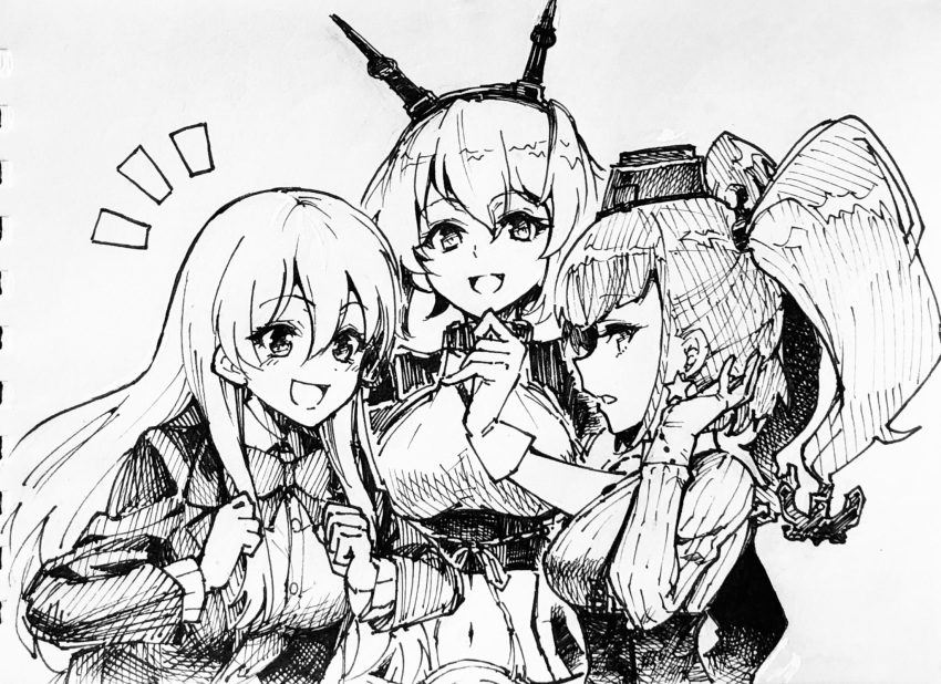 /\/\/\ 3girls anchor_hair_ornament aosa_(momikin) atlanta_(kantai_collection) bow bowtie breasts cardigan commentary_request earrings garrison_cap gloves hair_ornament hairband hairclip hat headgear highres jewelry kantai_collection large_breasts lineart long_hair monochrome multiple_girls mutsu_(kantai_collection) radio_antenna remodel_(kantai_collection) school_uniform short_hair smile star_(symbol) star_earrings suzuya_(kantai_collection) two_side_up upper_body