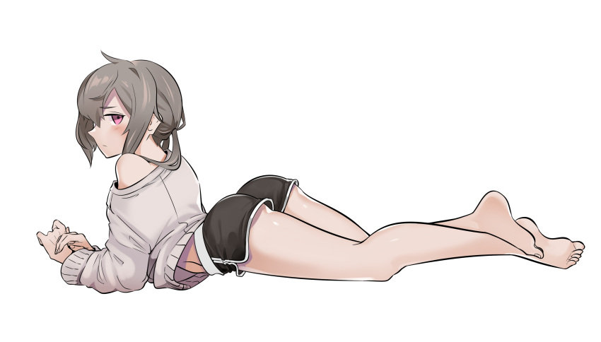 1girl abs alternate_costume ass barefoot blush gen_uma_mai girls_frontline grey_hair highres legs looking_at_viewer looking_back m200_(girls_frontline) shorts solo sweater thighs violet_eyes white_background
