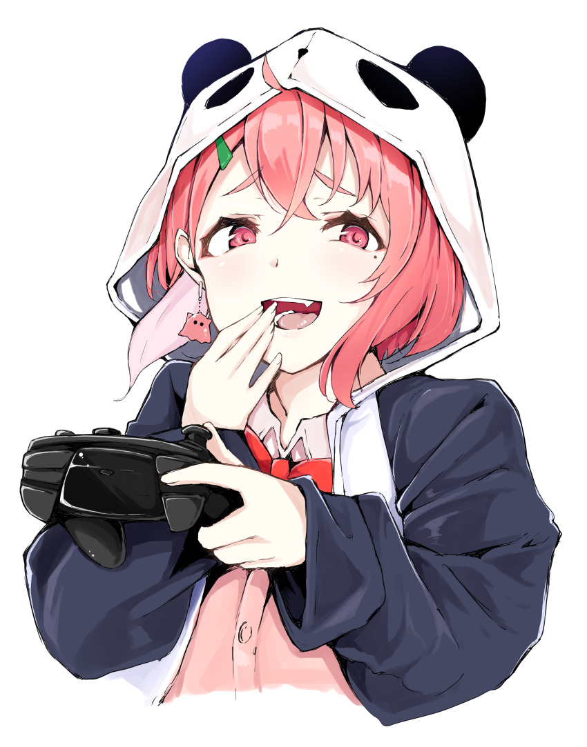 1girl absurdres animal_ears animal_hood bangs bow bowtie collared_shirt controller earrings flat_(joppin_karu!) game_controller hair_ornament hairclip highres hood hood_up jewelry long_sleeves looking_at_viewer mole mole_under_eye nijisanji open_mouth panda_ears panda_hood pink_eyes pink_hair pink_shirt red_neckwear sasaki_saku shirt short_hair simple_background solo upper_body virtual_youtuber white_background