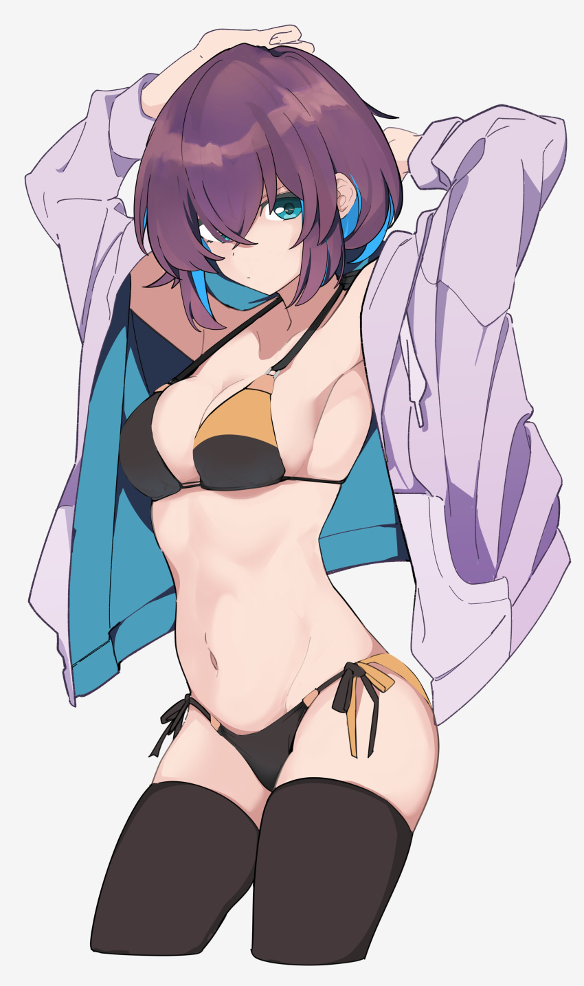 1girl absurdres aqua_eyes armpits arms_behind_head bikini blue_eyes breasts brown_bikini brown_legwear highres hood hooded_sweater kazenoko looking_at_viewer medium_breasts navel original purple_hair side-tie_bikini simple_background solo sweater swimsuit thigh-highs white_background