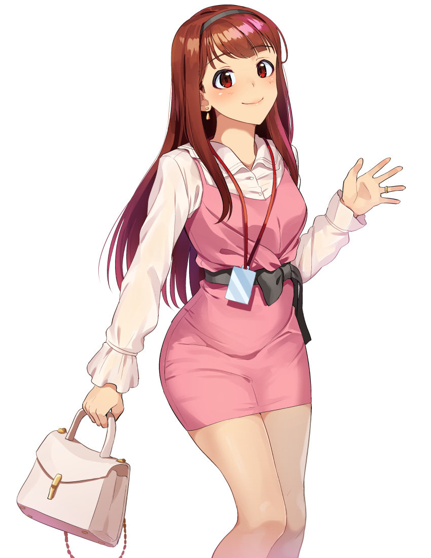 1girl absurdres bag bangs black_hairband black_sash brown_hair closed_mouth commentary dress earrings eyebrows_visible_through_hair hairband handbag highres holding holding_bag idolmaster idolmaster_million_live! idolmaster_million_live!_theater_days jewelry kamille_(vcx68) lanyard long_hair long_sleeves looking_at_viewer office_lady pantyhose pencil_dress pinafore_dress red_eyes ring sash sheer_legwear shirt short_dress simple_background smile solo standing straight_hair tanaka_kotoha waving wedding_band white_background white_shirt yellow_earrings