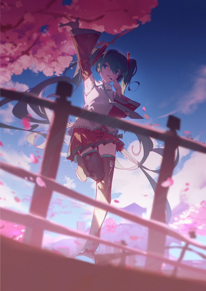 1girl absurdres aqua_eyes aqua_hair aqua_neckwear bare_shoulders black_legwear black_skirt black_sleeves blue_sky blurry blurry_foreground bridge cherry_blossoms chinese_commentary commentary day depth_of_field detached_sleeves full_body grey_shirt hair_ornament hand_up hatsune_miku headphones headset highres leg_up long_hair miniskirt misheyes necktie open_mouth outdoors outstretched_arm pleated_skirt shirt skirt sky sleeveless sleeveless_shirt smile solo thigh-highs twintails very_long_hair vocaloid zettai_ryouiki