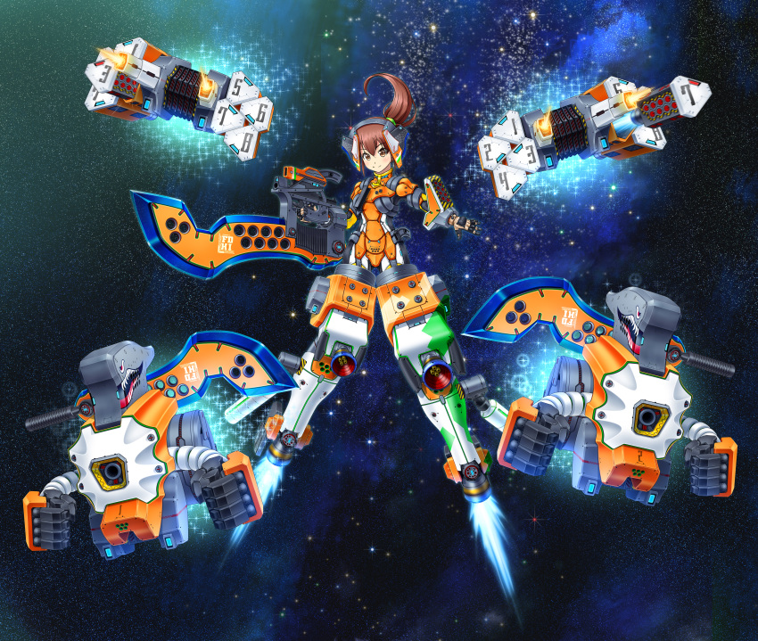 absurdres alice_gear_aegis bayonet clenched_hands firing flying gun highres holding holding_gun holding_weapon huge_filesize kouzui mecha_musume missile_pod open_hand original shark space thrusters weapon
