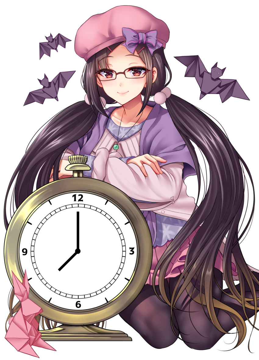 1girl bat black_hair black_legwear blush bow brown-framed_eyewear brown_eyes closed_mouth fate/grand_order fate_(series) hat highres jewelry long_hair looking_at_viewer low_twintails mob_cap necklace origami osakabe-hime_(fate/grand_order) pajamas pantyhose pom_pom_(clothes) purple_bow smile solo twintails very_long_hair watch youshuu