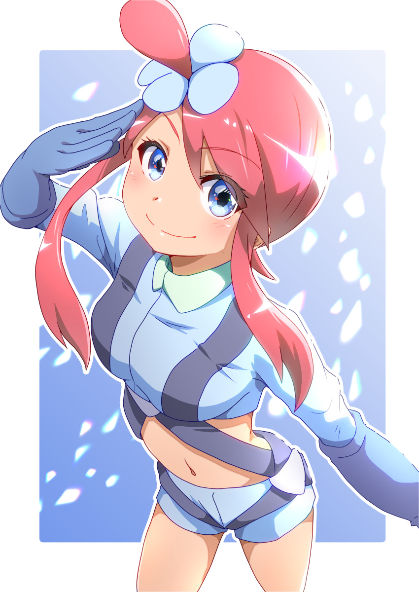 1girl absurdres blue_eyes blue_gloves blue_shorts blush border breasts closed_mouth commentary_request eyebrows_visible_through_hair eyelashes fuuro_(pokemon) gloves gym_leader hair_ornament hand_up highres long_hair looking_at_viewer navel negimiso1989 outline outside_border pokemon pokemon_(game) pokemon_bw redhead salute shiny shiny_hair shorts sidelocks smile solo white_border white_outline