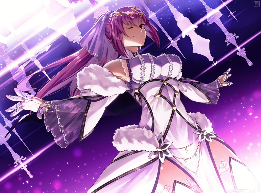 1girl bangs breasts closed_mouth dress fate/grand_order fate_(series) fumafu fur-trimmed_dress fur_trim gradient gradient_background hair_between_eyes hair_ribbon highres large_breasts long_hair long_sleeves looking_at_viewer one_eye_closed purple_background purple_dress purple_hair purple_ribbon red_eyes ribbon scathach_(fate)_(all) scathach_skadi_(fate/grand_order) smile tiara