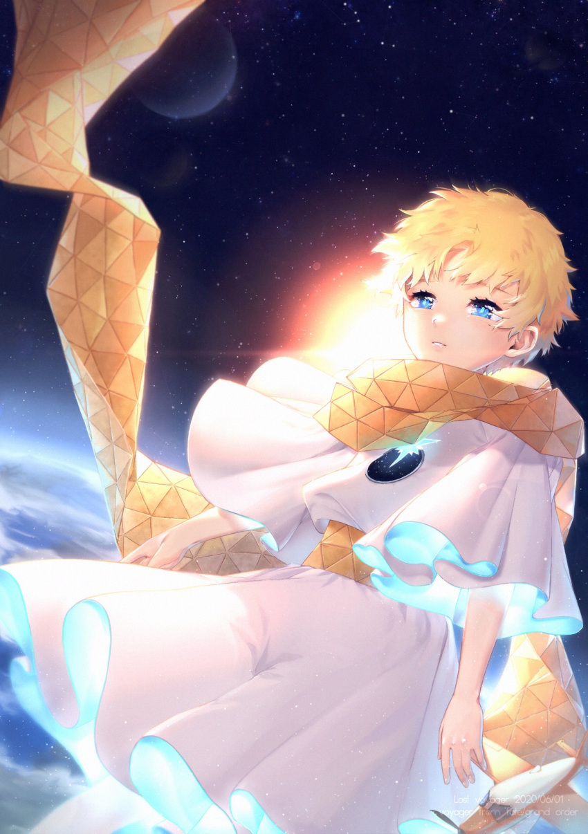 1boy bangs blonde_hair blue_eyes bright_pupils earth eyebrows_visible_through_hair falling fate/grand_order fate_(series) floating floating_object glowing highres looking_to_the_side male_focus parted_bangs saiwoproject scarf sky solo space star_(sky) star_(symbol) starry_background starry_sky sun sunlight upper_body voyager_(fate/requiem)