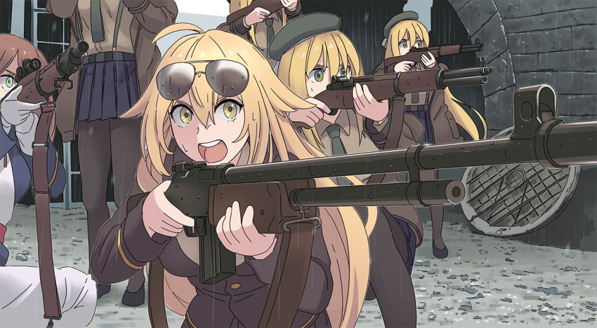 6+girls ahoge aviator_sunglasses beret black_jacket black_legwear blazer blonde_hair blue_skirt bolt_action brown_hair brown_shirt commentary_request dress eyewear_on_head finger_on_trigger girls_frontline gloves green_eyes green_neckwear gun hat holding holding_gun holding_weapon jacket long_hair long_sleeves m1903_springfield m1903_springfield_(girls_frontline) m1918_bar m1918_bar_(girls_frontline) m1_garand m1_garand_(girls_frontline) machine_gun multiple_girls multiple_persona necktie open_mouth pantyhose parody pleated_skirt rifle saving_private_ryan shirt skirt sunglasses tab_(tabkun) weapon white_dress white_gloves yellow_eyes