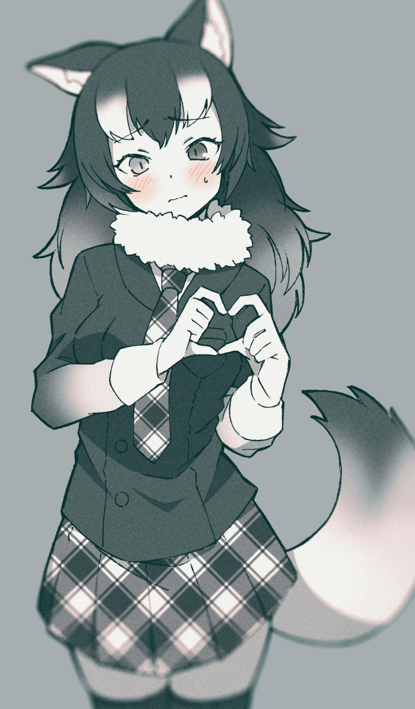 1girl animal_ears blush commentary_request cowboy_shot eyebrows_visible_through_hair fur_collar gloves grey_wolf_(kemono_friends) greyscale heart heart_hands heterochromia highres jacket kemono_friends kemono_friends_3 long_hair long_sleeves monochrome mujirushi_illust necktie plaid plaid_neckwear plaid_skirt pleated_skirt skirt sleeve_cuffs solo sweat tail thigh-highs wolf_ears wolf_girl wolf_tail zettai_ryouiki