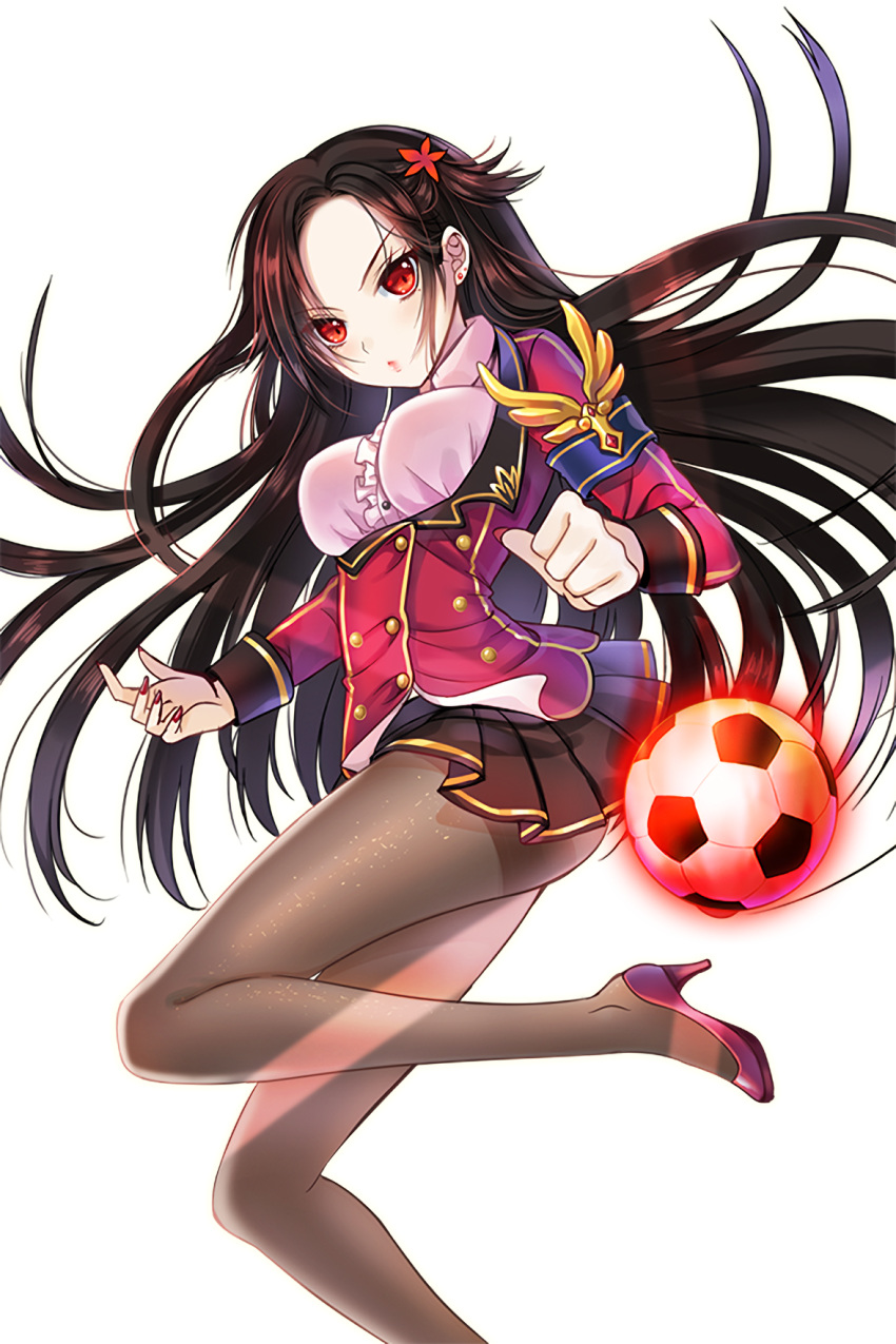 1girl ball brown_hair choker earrings frilled_skirt frills hair_ornament highres jewelry long_hair looking_at_viewer nail_polish official_art pantyhose pink_footwear ratise red_eyes red_nails sharr_(soccer_spirits) skirt soccer_ball soccer_spirits solo transparent_background