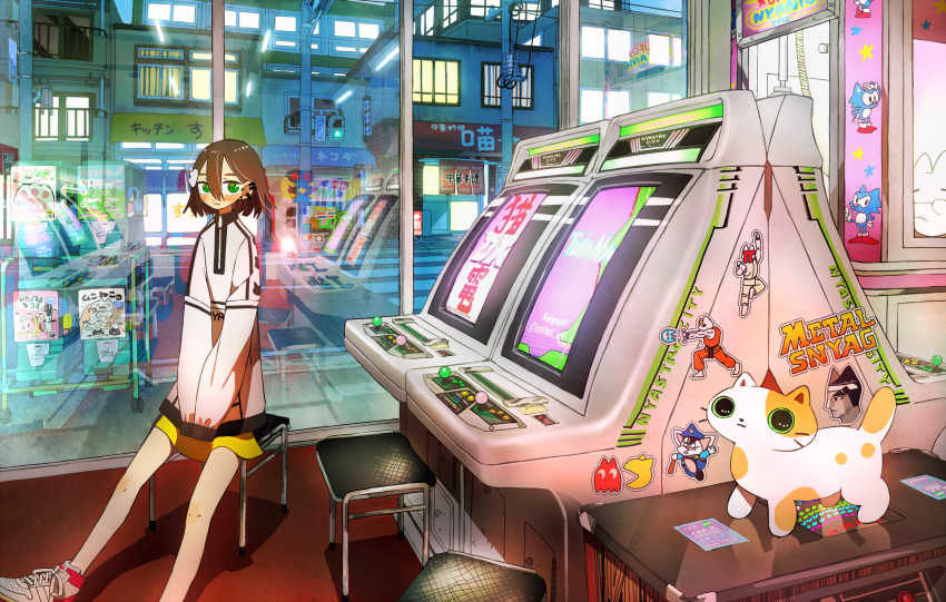 1girl arcade blush foot_out_of_frame green_eyes hair_between_eyes highres indoors long_sleeves looking_at_viewer original pac-man_(game) reflection road sitting sleeves_past_wrists solo sonic_the_hedgehog sticker stool street tao_(tao15102) wide_shot window