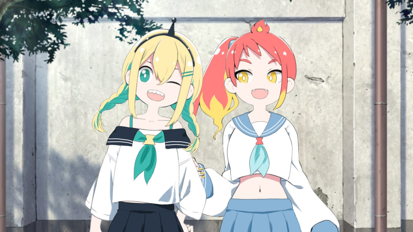 2girls :d ;d alternate_costume alternate_hairstyle amano_pikamee bangs black_hairband black_sailor_collar black_skirt blonde_hair blue_neckwear blue_sailor_collar blue_skirt collarbone commentary_request crop_top day eyebrows_visible_through_hair fangs green_eyes green_hair green_neckwear gyari_(imagesdawn) hair_between_eyes hairband hand_on_hip highres hikasa_tomoshika long_sleeves midriff multicolored_hair multiple_girls nail_polish navel neckerchief off-shoulder_shirt off_shoulder official_art one_eye_closed open_mouth outdoors pleated_skirt puffy_long_sleeves puffy_sleeves redhead sailor_collar sharp_teeth shirt skirt sleeves_past_wrists smile teeth thick_eyebrows two-tone_hair virtual_youtuber voms wall white_shirt yellow_eyes yellow_nails