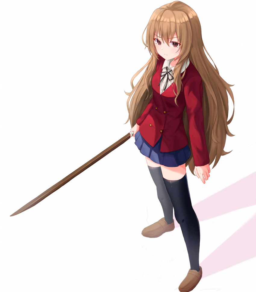 1girl absurdres aisaka_taiga bangs black_legwear black_ribbon blue_skirt blush breasts brown_eyes brown_footwear brown_hair closed_mouth collared_shirt commentary_request eyebrows_visible_through_hair from_above full_body hair_between_eyes highres holding holding_sword holding_weapon jacket kano_(wi3028) light_brown_hair long_hair long_sleeves looking_at_viewer miniskirt neck_ribbon oohashi_high_school_uniform pleated_skirt red_jacket ribbon school_uniform shirt shoes sidelocks simple_background skirt solo standing sword thigh-highs toradora! very_long_hair weapon white_background white_shirt wing_collar wooden_sword