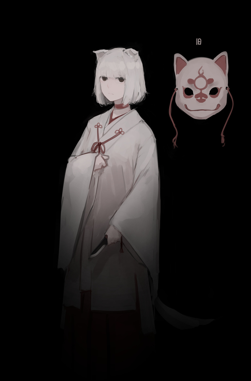 1girl absurdres animal_ears bangs black_eyes blunt_bangs choker closed_mouth highres holding holding_knife japanese_clothes knife long_sleeves looking_at_viewer mask original rampart1028 short_hair solo white_hair wide_sleeves