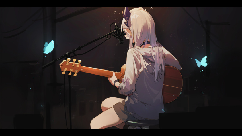 1girl demon_horns from_behind guitar highres honey_strap hood hoodie horns instrument letterboxed long_hair microphone microphone_stand music nape playing_instrument pointy_ears sh_(562835932) shorts sitting solo sougetsu_eli stool virtual_youtuber white_hair