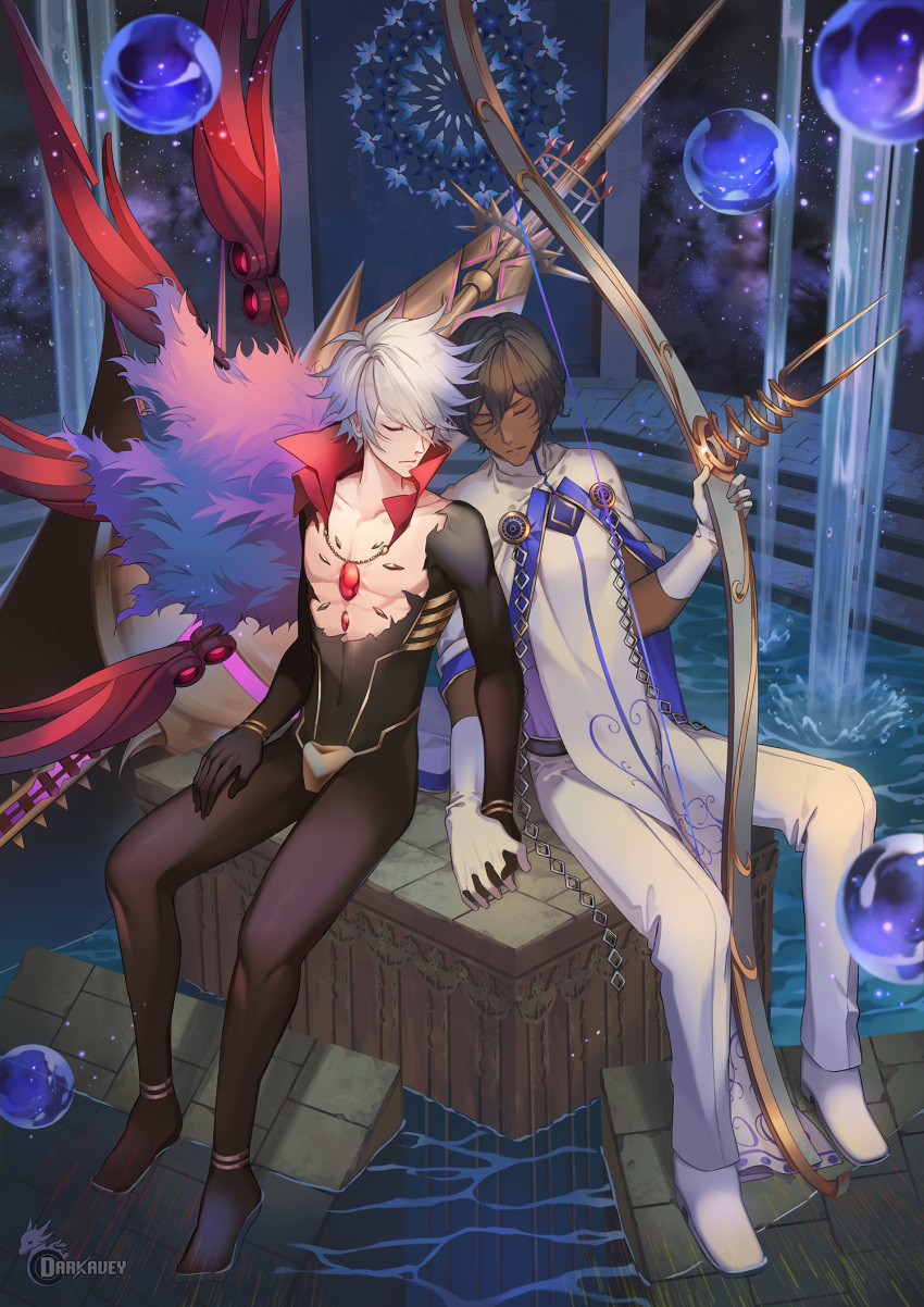 2boys arjuna_(fate/grand_order) armor black_hair bodysuit bow_(weapon) brown_hair cape closed_eyes closed_mouth curtains dark_skin dark_skinned_male darkavey earrings fate/apocrypha fate/grand_order fate_(series) full_body gloves hair_between_eyes highres holding holding_hands jewelry karna_(fate) long_sleeves male_focus multiple_boys pale_skin sitting weapon white_gloves white_hair yaoi