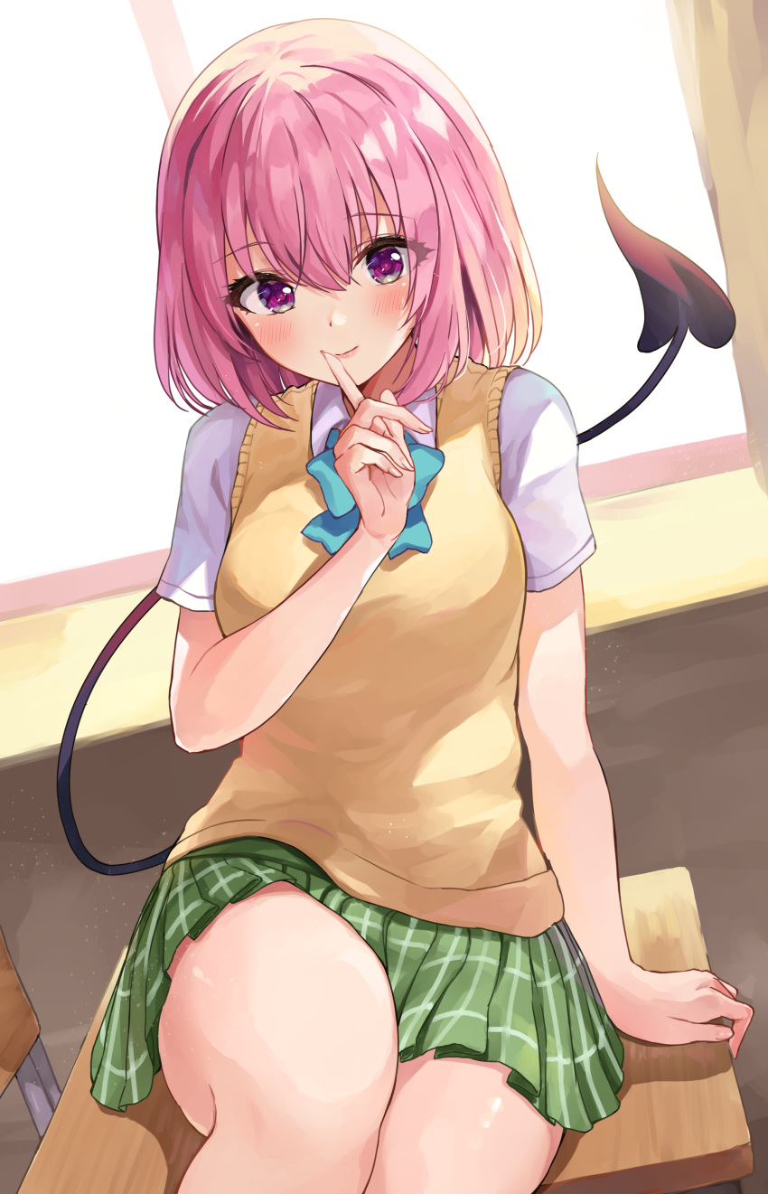 1girl absurdres arm_support bangs blue_bow blush bow breasts chair closed_mouth collared_shirt commentary_request day demon_tail desk eyebrows_visible_through_hair finger_to_mouth green_skirt hair_between_eyes highres indoors looking_at_viewer medium_breasts momo_velia_deviluke on_desk pink_hair pleated_skirt racchi. school_chair school_desk school_uniform shirt short_sleeves shushing sitting sitting_on_desk skirt smile solo sunlight sweater_vest tail tail_raised to_love-ru to_love-ru_darkness violet_eyes white_shirt window