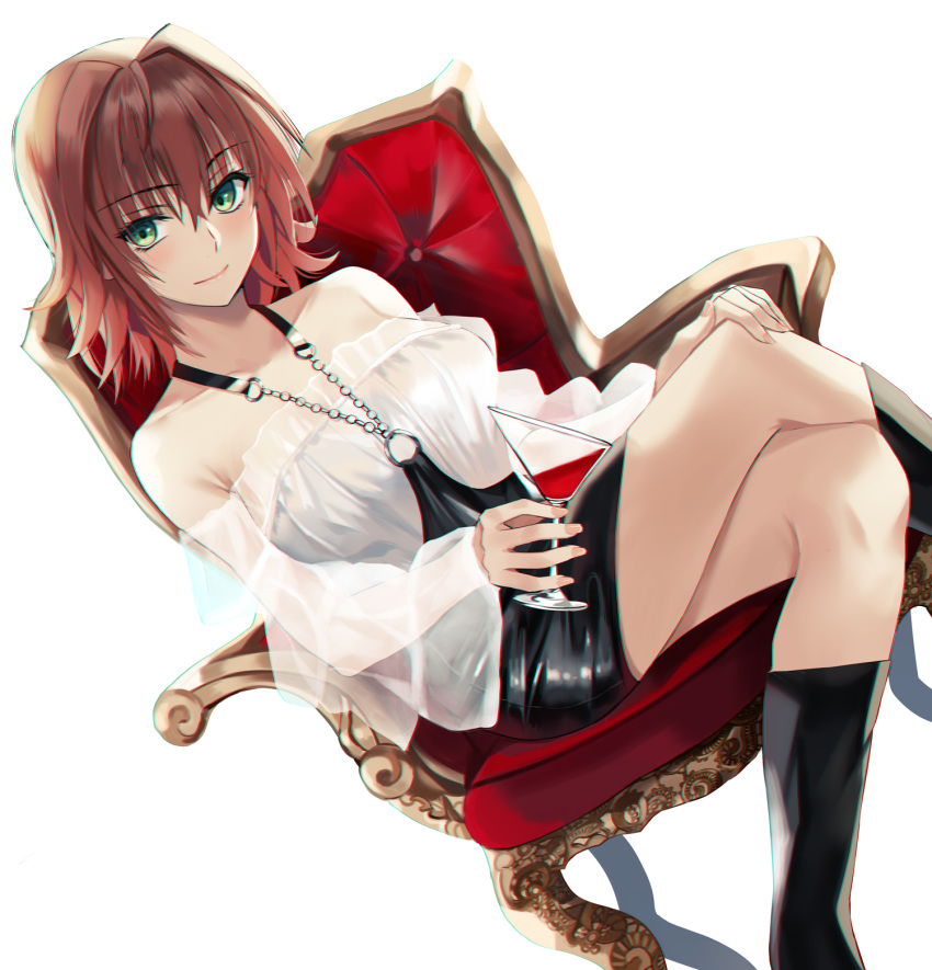 1girl bare_shoulders boots breasts brown_hair character_request collarbone crossed_legs cup drinking_glass dutch_angle green_eyes halterneck highres medium_hair miniskirt nikek96 see-through sitting skirt smile throne to_love-ru white_background wine_glass