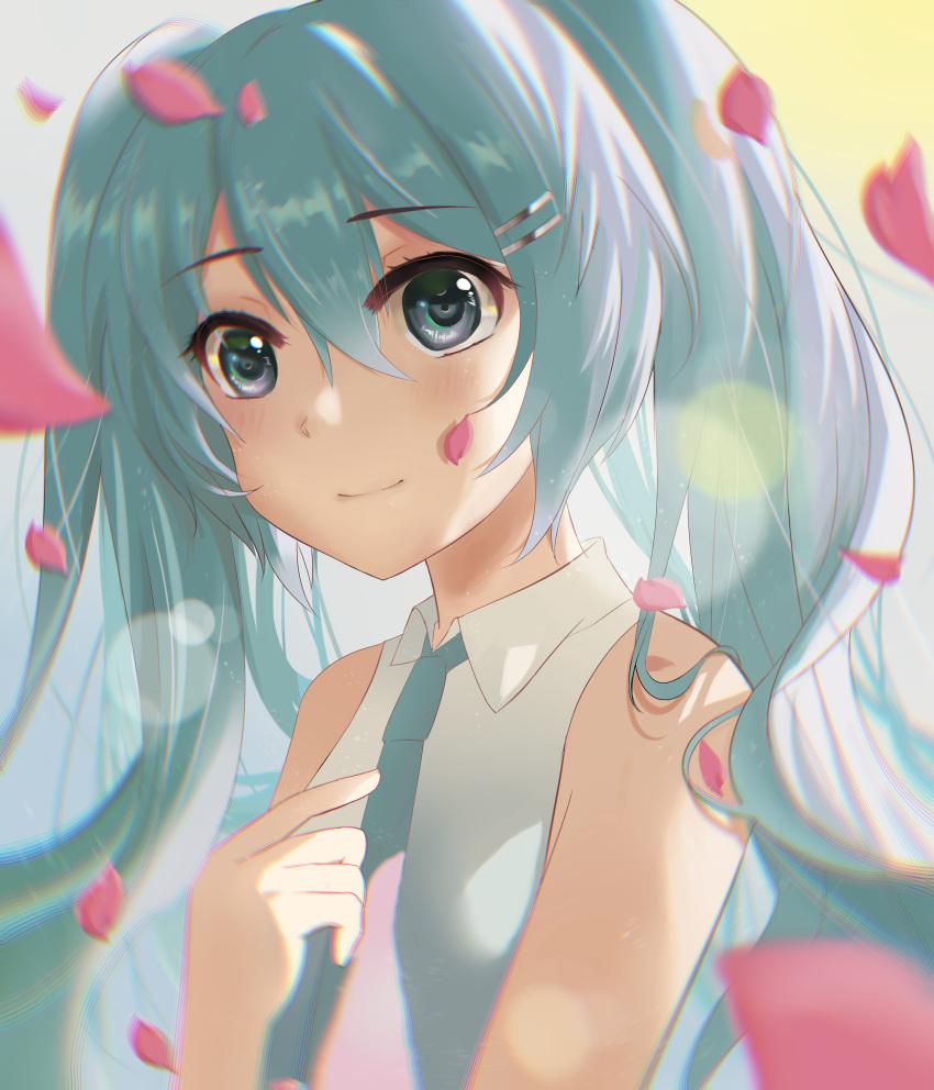 1girl absurdres aqua_eyes aqua_hair aqua_neckwear bangs bare_shoulders blurry_foreground commentary english_commentary eyebrows_visible_through_hair falling_petals hair_between_eyes hair_ornament hairclip hatsune_miku highres hiototo39 lens_flare long_hair looking_at_viewer necktie petals shirt sleeveless sleeveless_shirt smile solo twintails upper_body very_long_hair vocaloid white_shirt