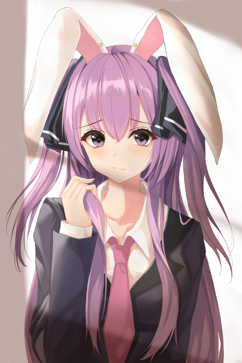 :/ alternate_eye_color alternate_hairstyle animal_ears arm_up black_jacket collarbone commentary_request dress_shirt eyebrows_visible_through_hair hair_between_eyes hair_ribbon highres holding holding_hair jacket kure:kuroha long_hair long_sleeves looking_at_viewer necktie purple_hair purple_neckwear rabbit_ears reisen_udongein_inaba ribbon shadow shiny shiny_hair shirt standing suit_jacket tareme touhou two_side_up upper_body very_long_hair violet_eyes white_background white_shirt