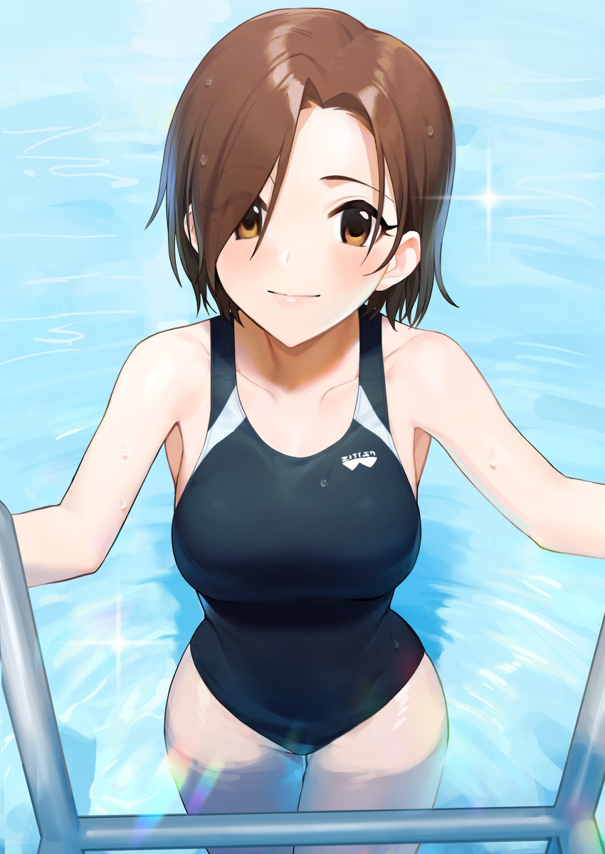 1girl absurdres black_swimsuit breasts brown_eyes brown_hair collarbone commentary_request competition_swimsuit cowboy_shot from_above highres idolmaster idolmaster_cinderella_girls logo looking_at_viewer medium_breasts mizuki_seira onao one-piece_swimsuit pool_ladder short_hair solo sparkle swimsuit water