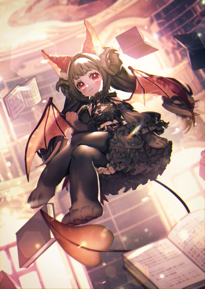 1girl absurdres alcremie animal_ears bat_wings black_dress black_hair book clenched_hand crossed_legs demon_tail dress floating full_body gen_8_pokemon highres huge_filesize indoors lens_flare levitation long_hair moe_(hamhamham) open_book paws personification pokemon red_eyes solo tail twintails wings