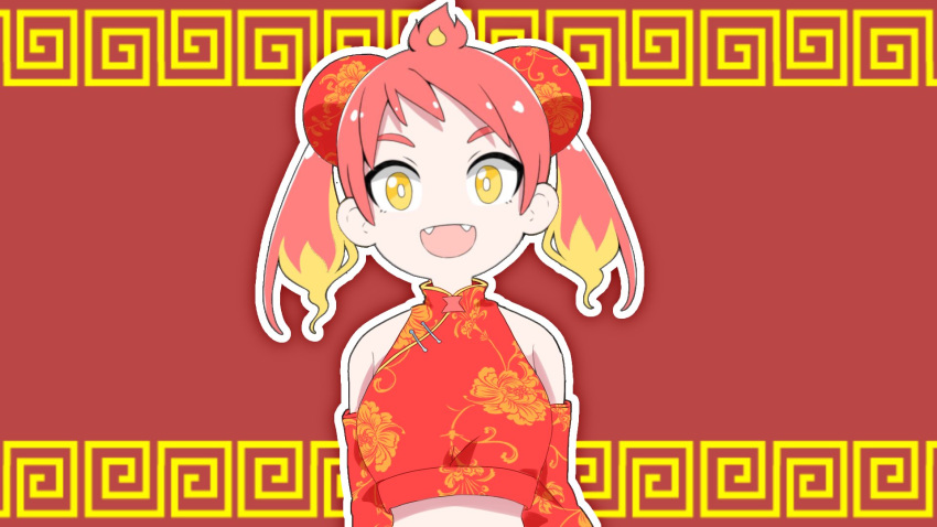 1girl :d bare_shoulders blonde_hair bun_cover chinese_clothes commentary_request crop_top detached_sleeves double_bun fangs floral_print gyari_(imagesdawn) highres hikasa_tomoshika meandros multicolored_hair official_art open_mouth print_shirt red_background red_shirt red_sleeves redhead shirt sleeveless sleeveless_shirt smile solo twintails two-tone_hair upper_body virtual_youtuber voms yellow_eyes